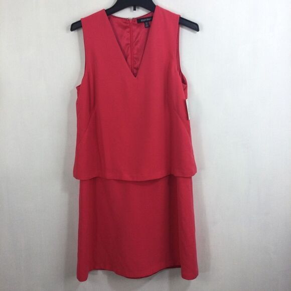 Ellen Tracy Womens Portofino Overlay Sleeveless V-Neck Sheath Dress Watermelon - Picture 9 of 9